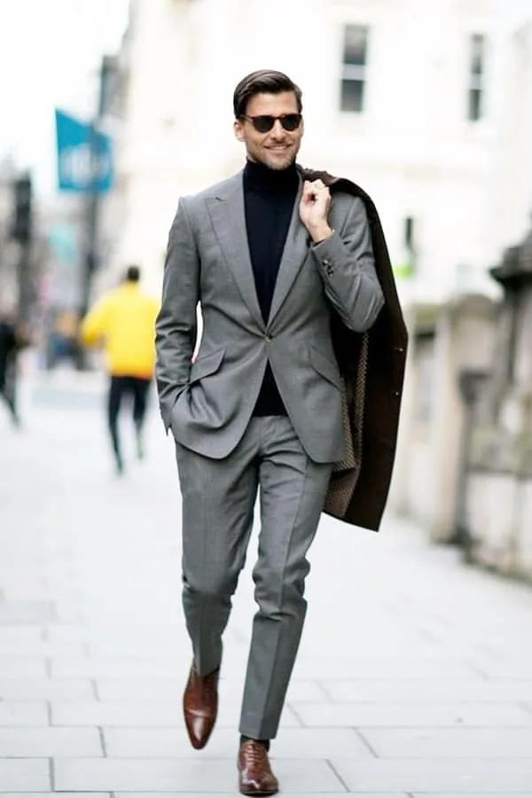 black dress shirt grey pants brown shoes Wear With A Brown Shoes Grey Suit Black Dress Shirt Blue Shirt Grey Pants Light Shoes With Dark Pants Grey Chino, Black Shirt, Brown Belt And