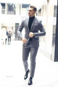 medium gray suit with brown shoes