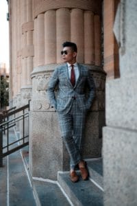 light gray tux with brown shoes