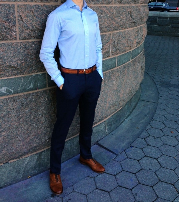 navy blue dress shirt with black pants