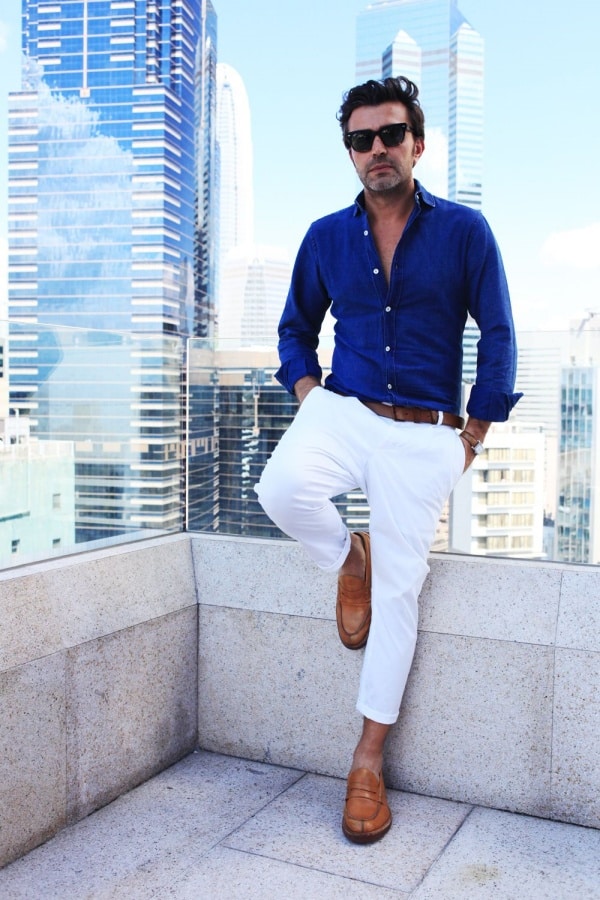 blue dress pants with white shirt