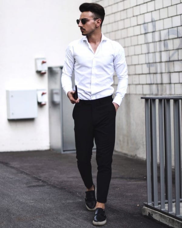 mens black dress shirt and pants