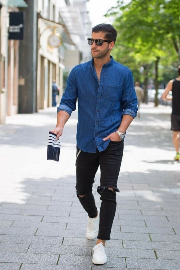 denim shirt black jeans men