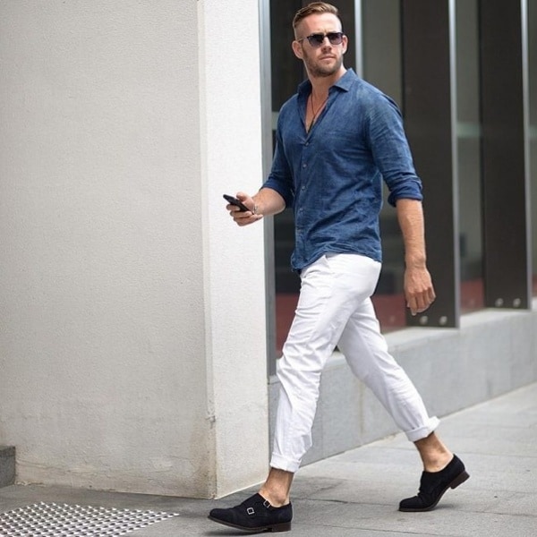 Denim shirt white pants sales