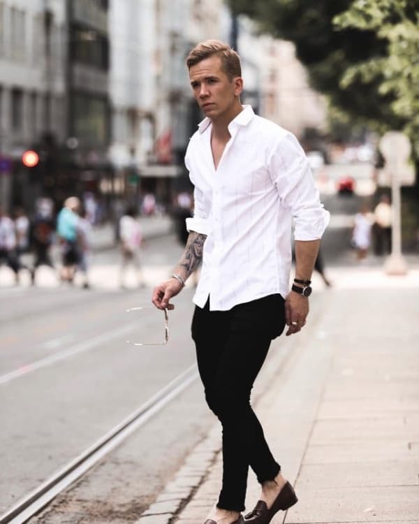 white shirt dark jeans