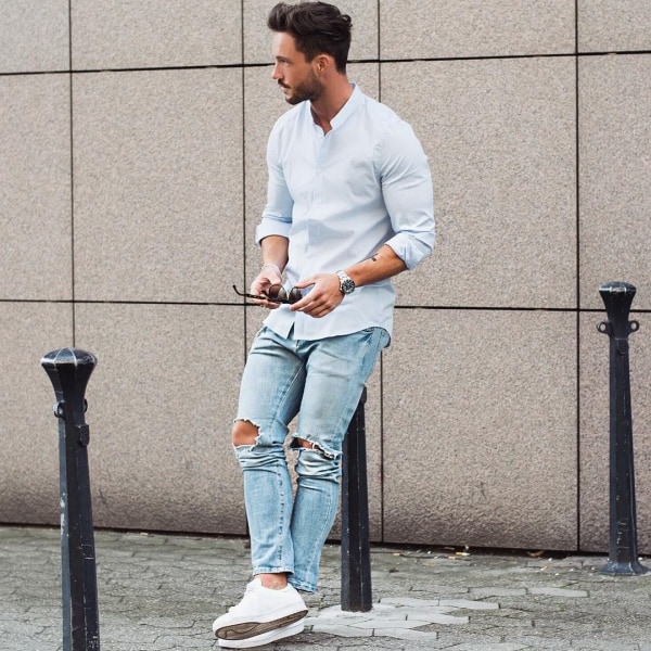 sky blue jeans matching shirt