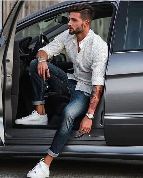 Successful Arab Man Wear in Striped Shirt and Sunglasses Pose Behind the  Wheel of His White Suv Car. Stylish Arabian Men in Stock Image - Image of  drive, people: 211328897