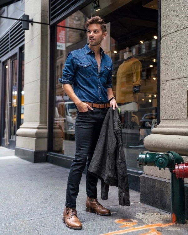50 Cool Black Pants With Brown Shoes Outfits For Men - Fashion Hombre | Brown  shoes outfit, Mens dark jeans, Blue denim shirt