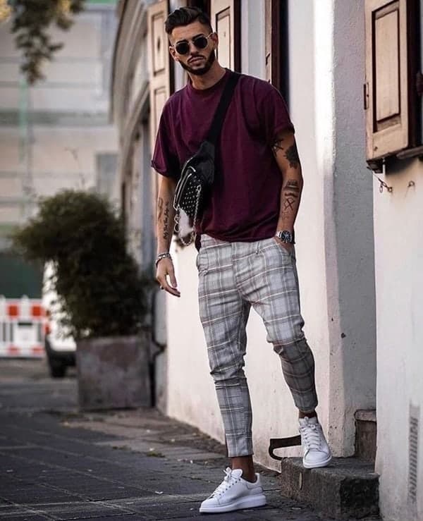 grey checkered pants outfit