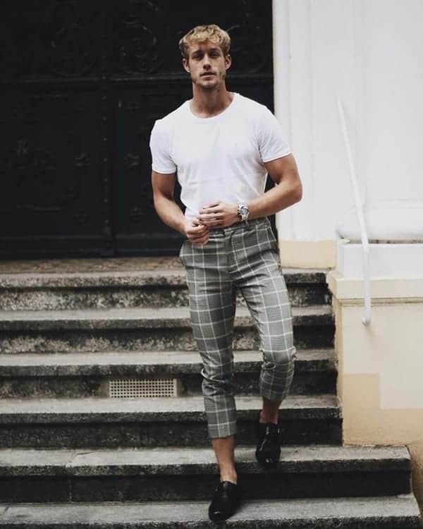 grey plaid pants outfit