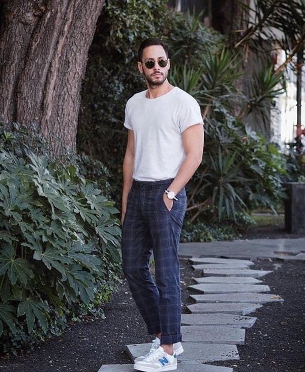 blue and white plaid pants
