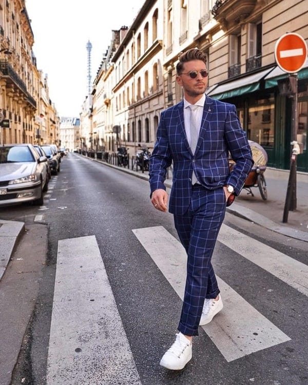 suit with sneakers look