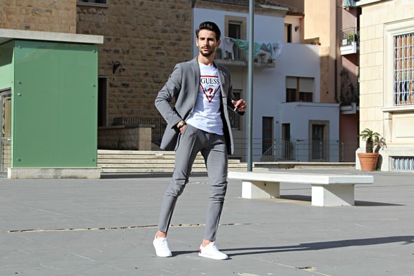casual suit with sneakers