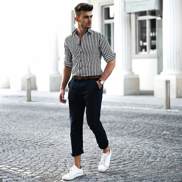 black and white striped shirt outfit men