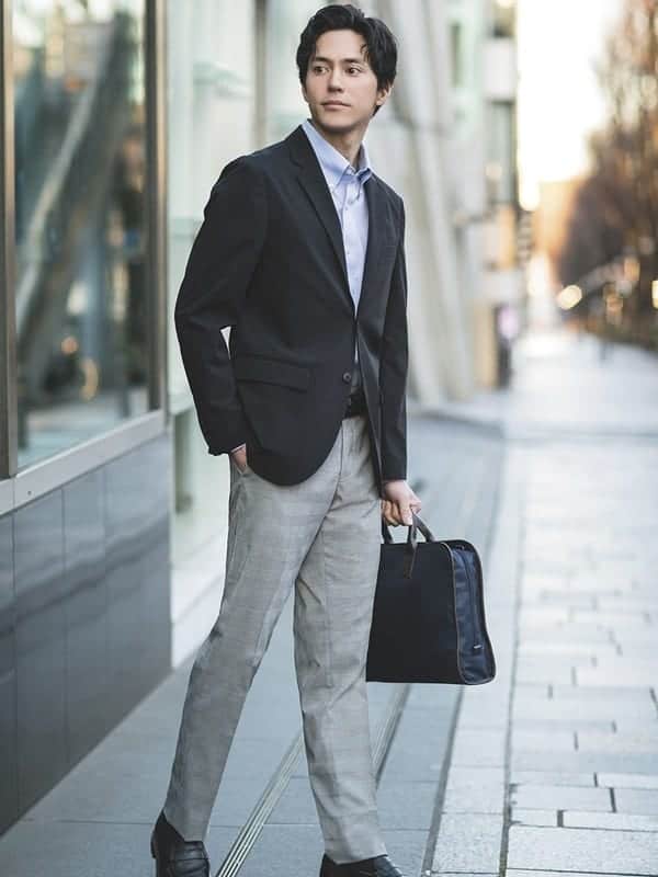 black blazer grey pants brown shoes 