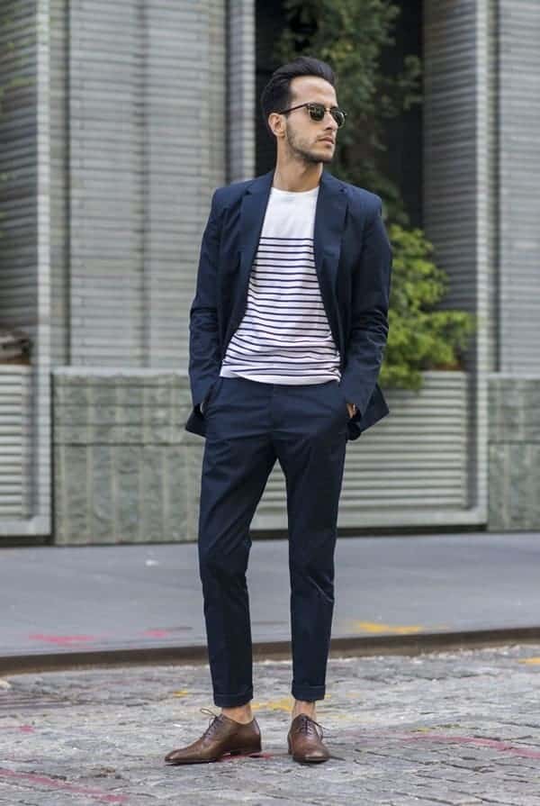 Blue Blazer With A Black & White Striped T-Shirt