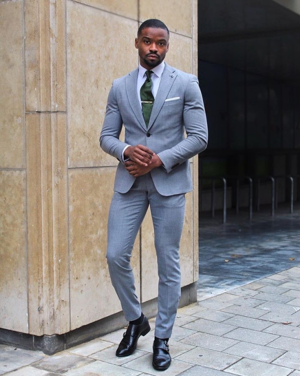 grey suit with brown shoes