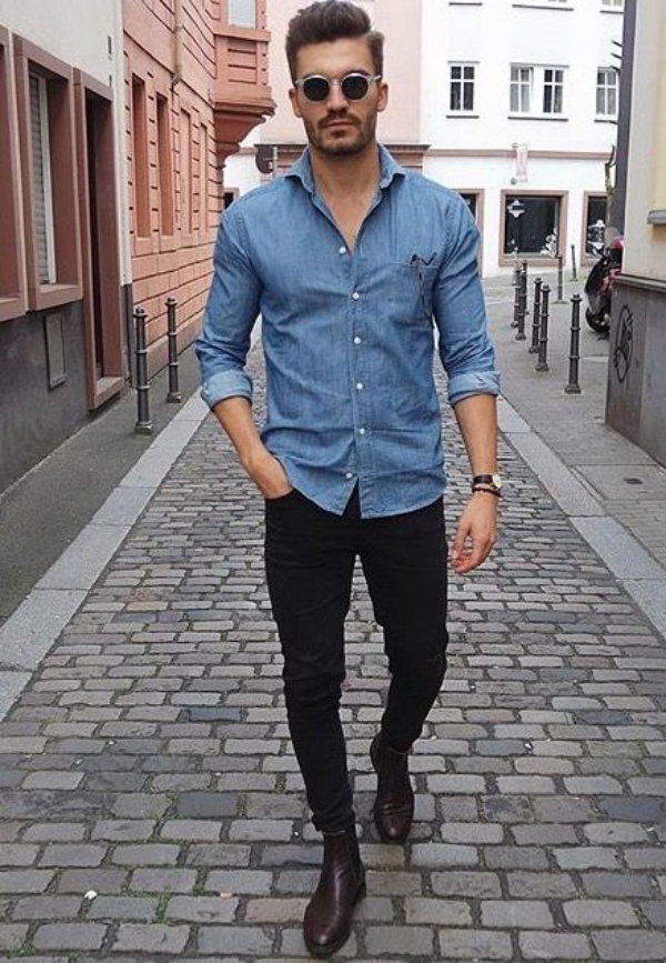 men's denim shirt outfit