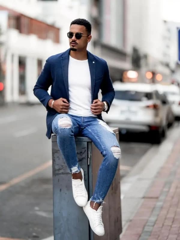 Blue Blazer With A Plain White T-Shirt