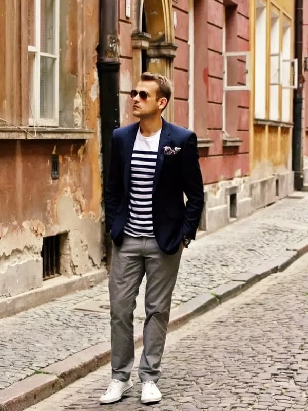 Blue Blazer With A Black & White Striped T-Shirt