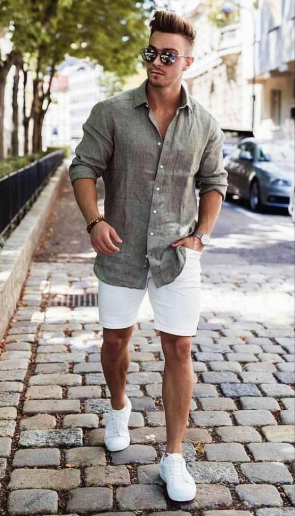 Button-Down Shirt Paired With Shorts And Sneakers