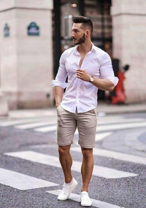Button-Down Shirt Paired With Shorts And Sneakers