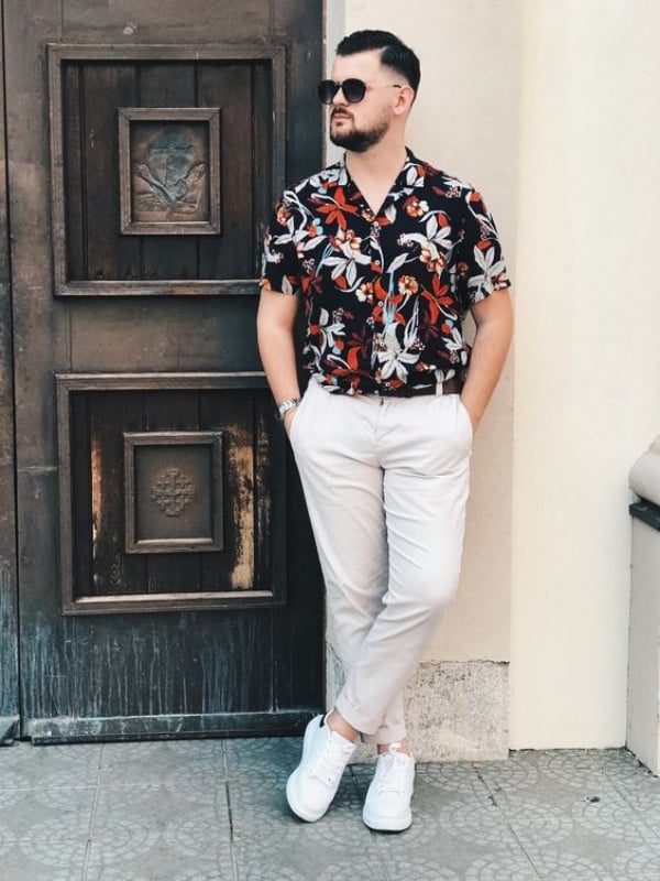 Floral Shirt Paired With Pants And Sneakers